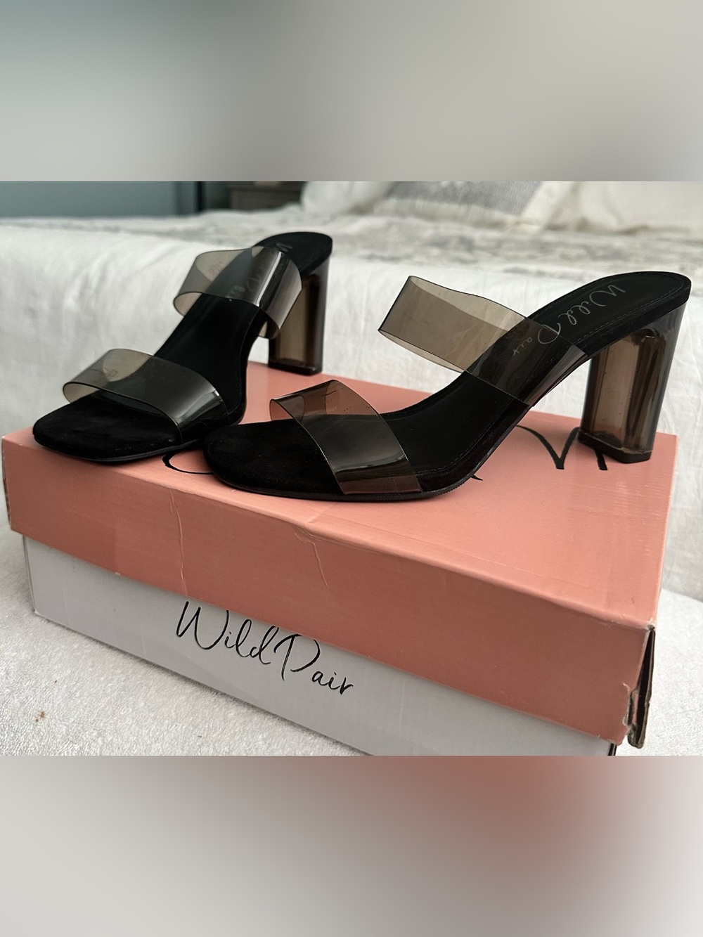 Wild Pair Zandria Black Block Lucite Heel Sandals with Smoky Straps